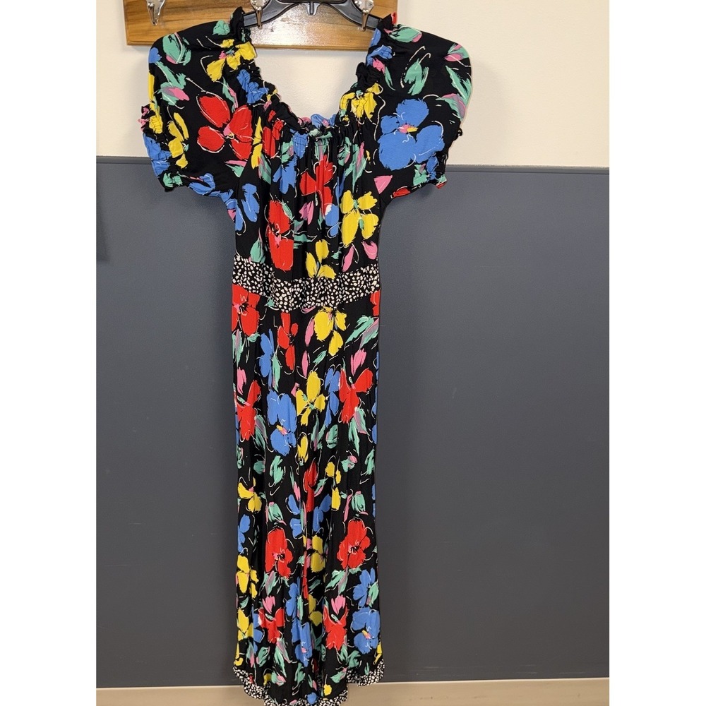Womens Rixo On/Off The Shoulder Maxi Puff Sleeve Black Floral Dress Size 10 Boho